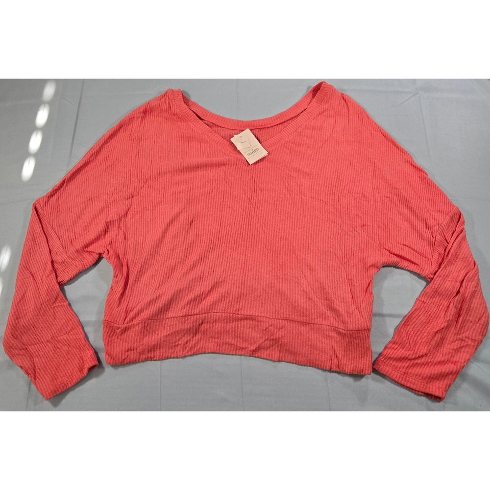 Auden Coral Pink Ribbed Reversible V-Neck Lounge Top Small NWT 020 02 1510